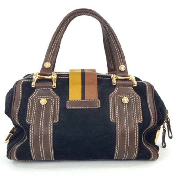 Gucci Aviatrix Boston Black Suede Brown Leather Satchel Bag Handbag - Picture 7 of 10